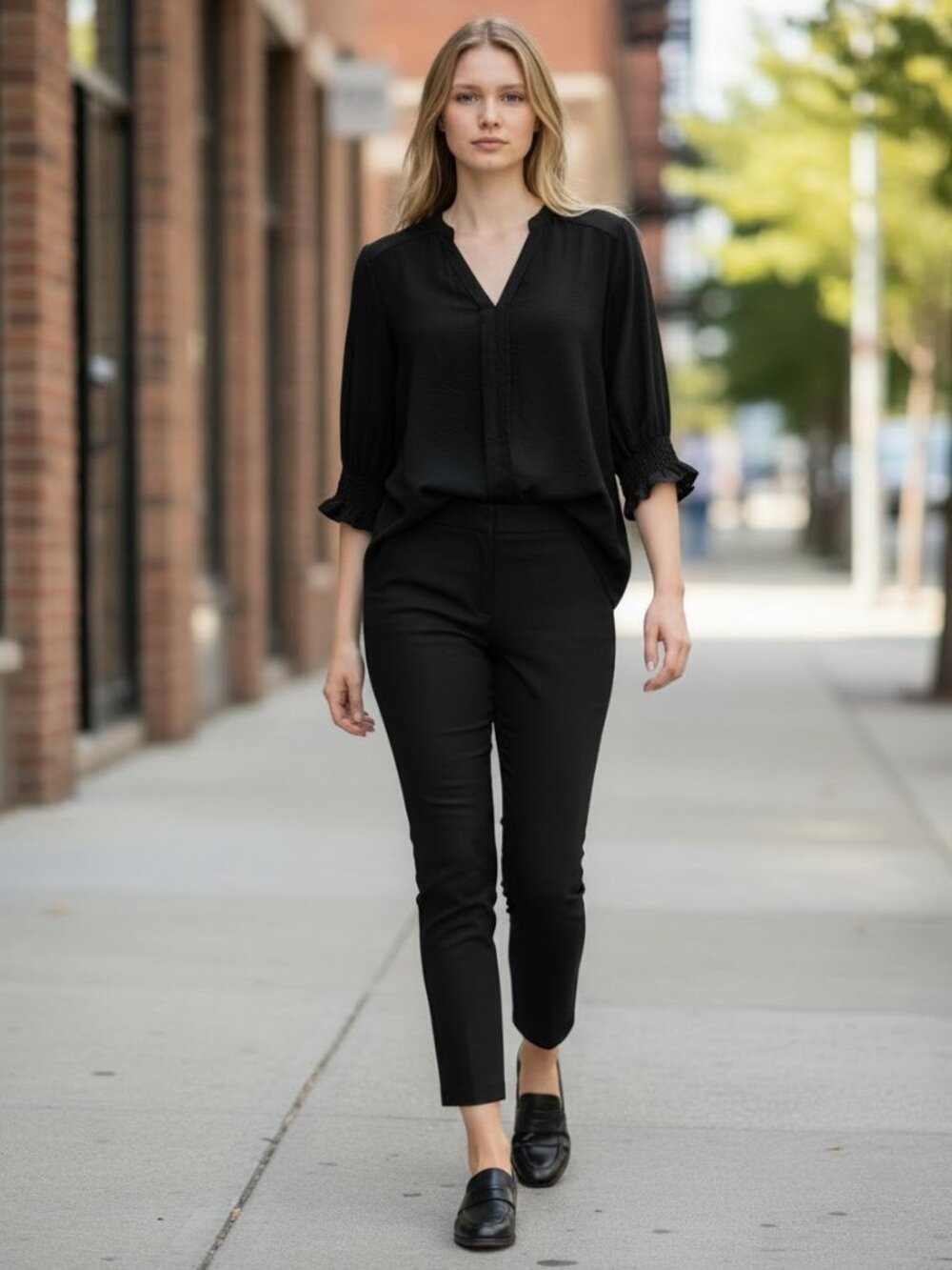 V Neck Puff Short Sleeve Casual Blouse Black Size XL